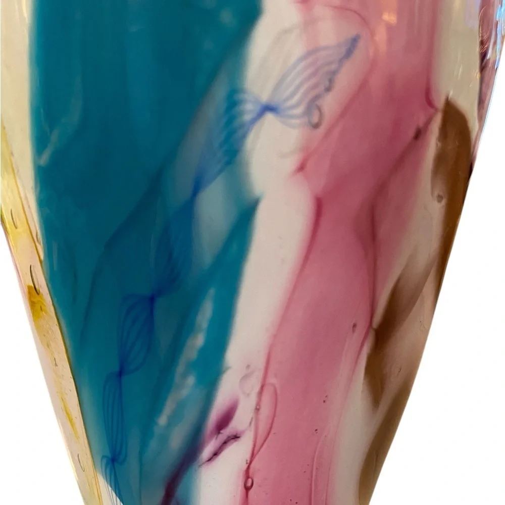 Blown Glass Art Vase Gorgeous white pink blue yellow brown signed great gift